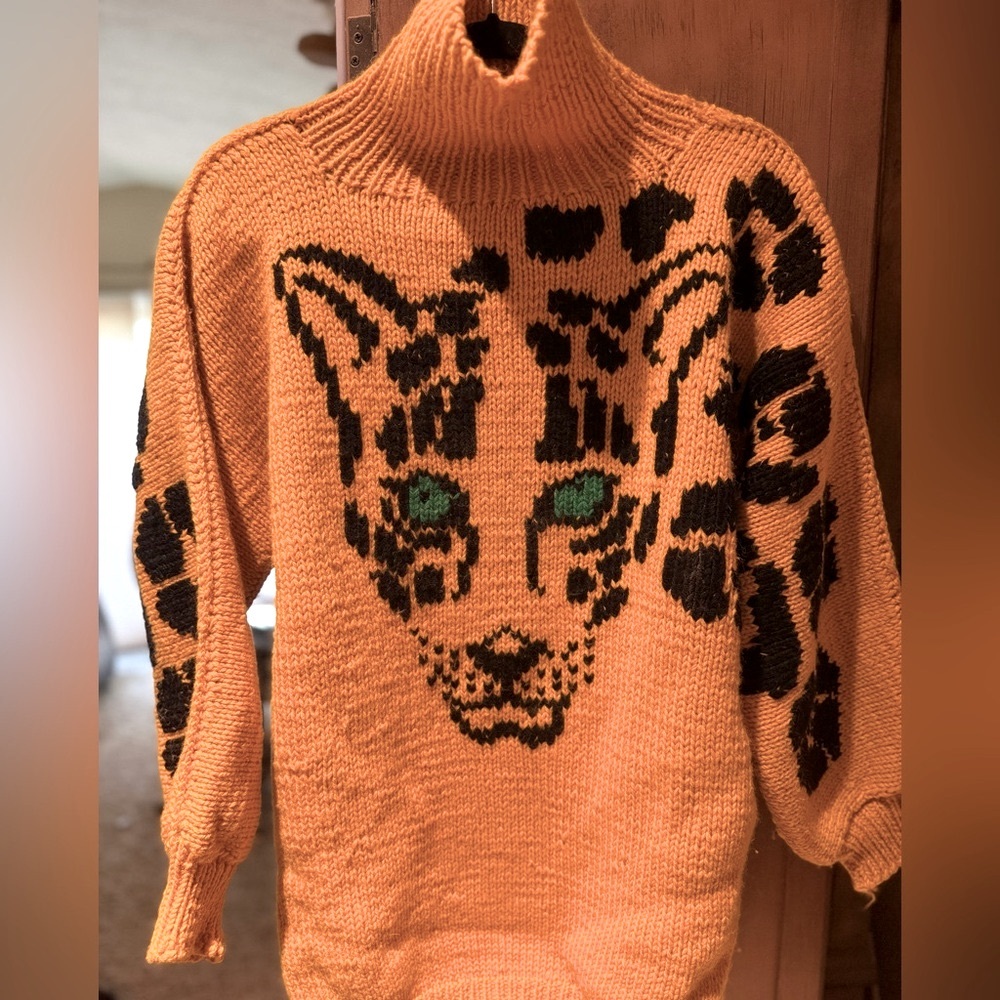 Roberta Freyman mustard color heavy wool sweater with Black Leopard size L
